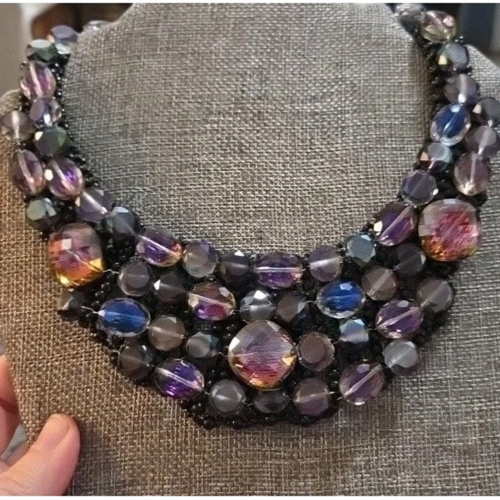 Mesh Bib Necklace with Dark Glass Beads 13-14" By Kupu Kupu Stunning